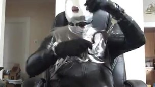 Black PVC suit with new latex mask gagging & drooling, handcuff to chair, unzip cock and rubbing