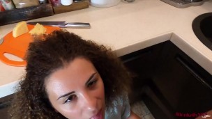 Girl Sucks Dick Neighbor In The Kitchen, Fucks In Different Poses And Receives A Cumshot On Ass