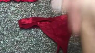 Stroking my big dick to my wife’s bra and panties