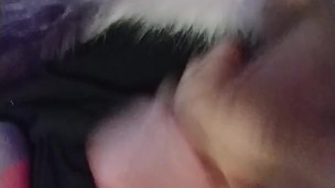 Horny slut in knee highs with a plug tail cums closeup