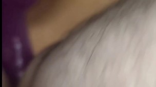 Stretching asshole with big purple dildo 
