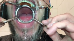 Deepthroating a long dildo with braces headgear spidergag and more