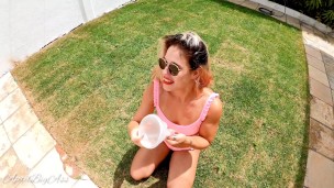 drinking pee by funnel liters of yellow pee in my mouth i love it, blowjob outdoor -aprilbigass-