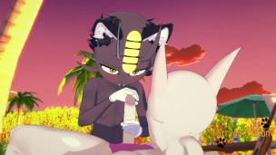 Pokemon Yaoi - Meowth alola is fucked in the beach by Mewtwo