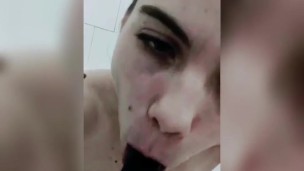 Blowjob in shower black dildo