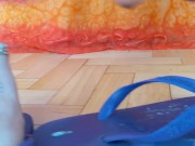 Dirty footjob with adorned feet (toe rings, anklet, purple nail polish) + cum show in flip flops 16/16