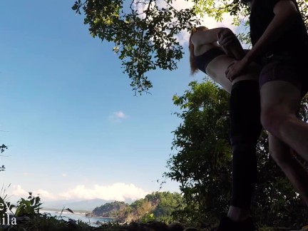 VACATION JUNGLE SEX - Horny couple fuck on HIKING TRAIL and almost GET CAUGHT