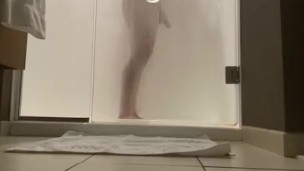 Hung jock jerking off in shower timelapse