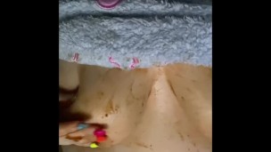 Chubby Bbw rubbing BBQ all over her big pale boobies 