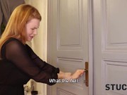 STUCK4K. Elegant hotties boobs are too big for her to walk out the door