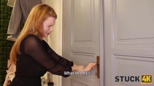 STUCK4K. Elegant hotties boobs are too big for her to walk out the door