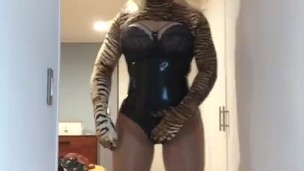 Kym's PVC Bodysuit (trans, pantyhose, crossdress, legs, heels, transformation, female mask, mask)