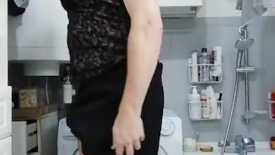 Patty crossdresser teasing beige lingerie