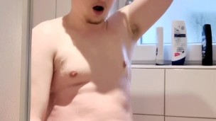 Smooth gay teen showering in white underwear and shooting huge cumshot