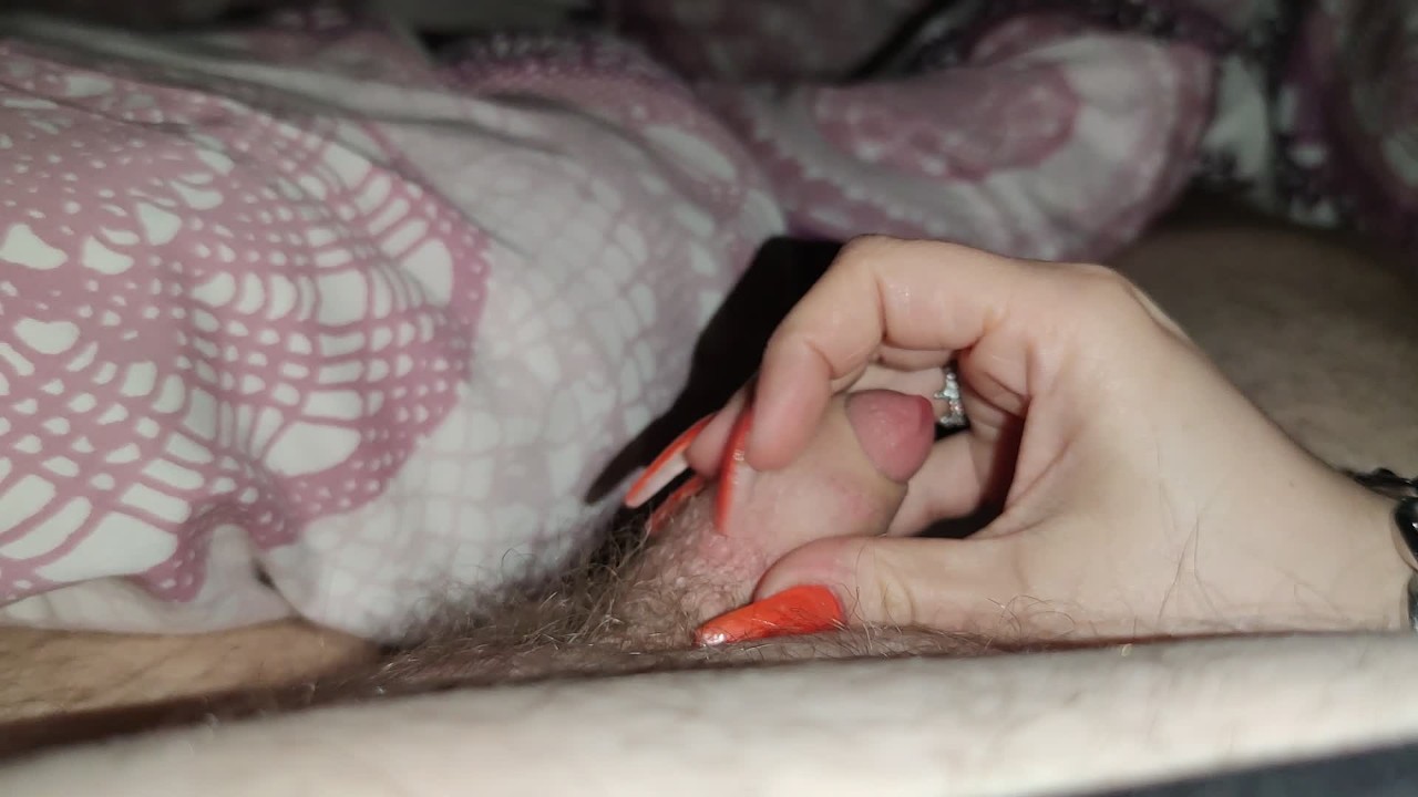 He loves it when i make his little dick cum with my orange long nails *cum runs on my long nails* - RedTube