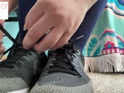 bare foot, putting on knee high socks, and nike shoes glimpseofme