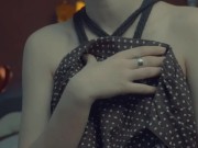 Hot girl in whipped cream and chocolate topping 1/16