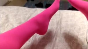 Femboy shows off sexy shaved legs and Pink Thigh High socks