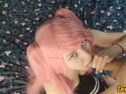 школьница с розовыми волосами трахается в попу делает минет и получает порцию спермы на личико 12/16