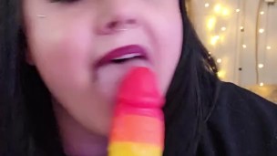 BBW xxKittens deep throats her rainbow dildo gag choke BJ