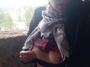 Girl strips in an abandoned building and plays with nipples