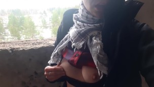 Girl strips in an abandoned building and plays with nipples
