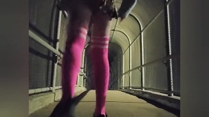 Shy sissy flashing on public bridge and around city