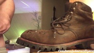 Hot construction worker w/ big uncut cock cums on his work boot. Full video @onlyfans/julianwolfgang