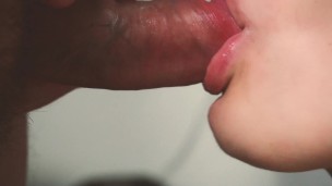Slow motion. Close up blowjob from teen. Oral creampie