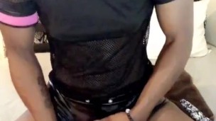 Trans FTM Jerking Fat Cock in Leather Bondage Huge Cumshot