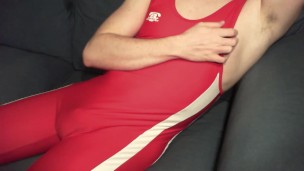 Jerking off in wrestling singlet
