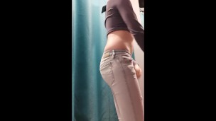 Sexy try on Haul in a fitting room and close up masturbation in a pubic toilet