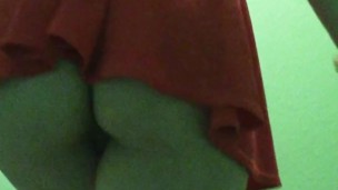 Naughty girl with no panties upskirt upstairs
