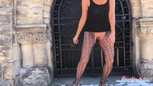 Hot blonde MILF in heels and fishnets takes a public piss at a cemetery