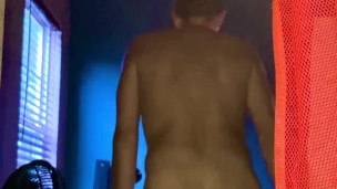 Spun guy showing ass and flopping & helicoptering semi-hard nice cock