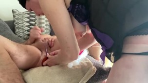 Mistress stuffing subs ass with 10 inch anal plug