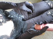 Cummybush HELPING HAND CUM - gloved milf gives cfnm handjob- sticky jizz shoots all over her clothes 12/16