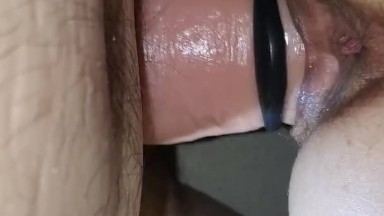 Milf's dripping wet pussy fucks long thick strap on dildo reverse 