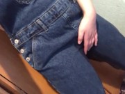Wetting denim overalls and rubbing pussy 7/16