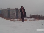Winter street photoshoot in a fur coat on a naked body 12/16