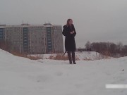 Winter street photoshoot in a fur coat on a naked body 15/16