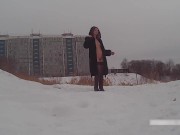 Winter street photoshoot in a fur coat on a naked body 3/16