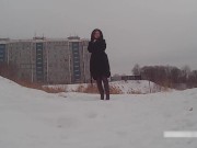 Winter street photoshoot in a fur coat on a naked body 8/16