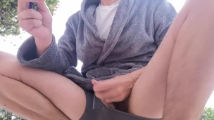 Kneeling outside in underwaer smoking a cigarette and jerking off 