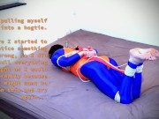 Self bondage hogtie fail in blue and orange 10/16