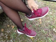 Sexy girl in stockings shows her legs and wears dress white socks feet foot fetish 1/16