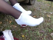 Sexy girl in stockings shows her legs and wears dress white socks feet foot fetish 14/16