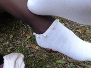 Sexy girl in stockings shows her legs and wears dress white socks feet foot fetish 15/16