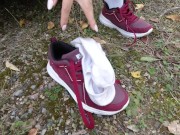 Sexy girl in stockings shows her legs and wears dress white socks feet foot fetish 16/16