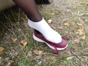 Sexy girl in stockings shows her legs and wears dress white socks feet foot fetish 8/16